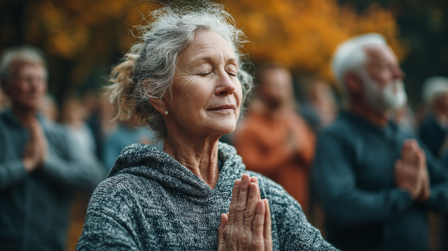 Instrutor demonstrando exercício suave de yoga para grupo de pessoas maduras
