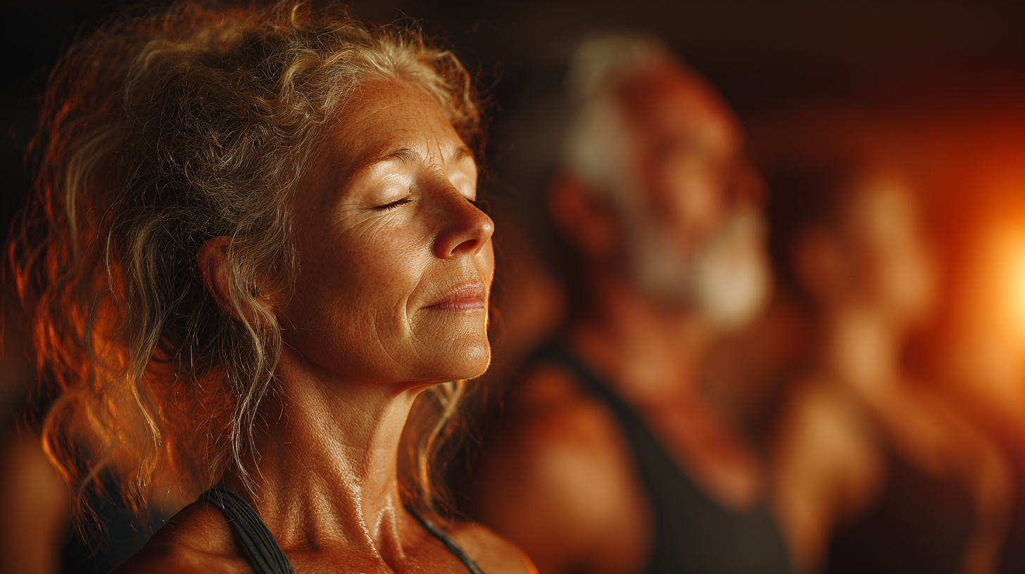 Grupo de pessoas maduras praticando yoga numa atmosfera serena e acolhedora